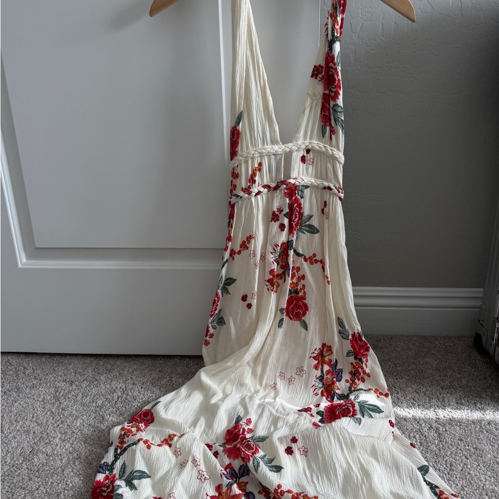 ILLA ILLA Cream Halter Maxi Dress with Red Rose Print